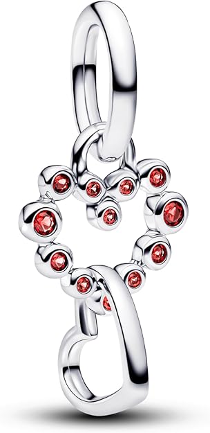 PANDORA Moments Verbundene Herzen & Rote Steine Charm-Anhänger aus Sterling Silber mit Zirkonia, Kompatibel Moments, 794435C01
