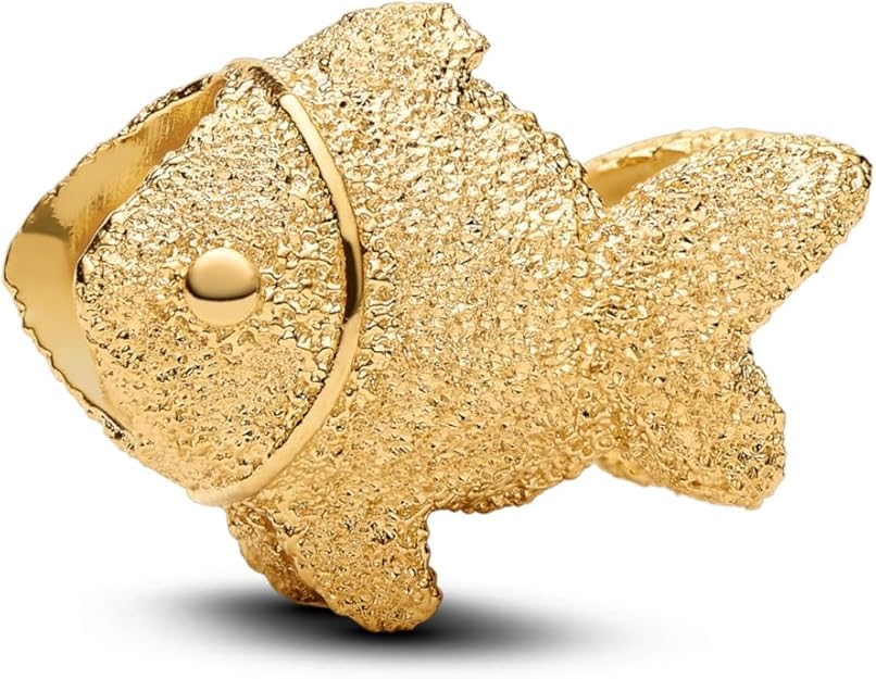 PANDORA Moments Strukturierter Fisch Mini-Charm mit 14k vergoldete Metalllegierung, Kompatibel Moments, 764522C00