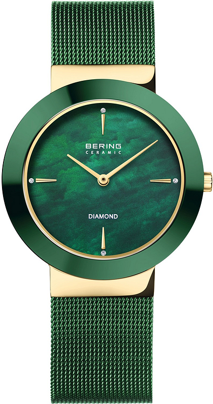 BERING elegante gold-grüne Armbanduhr mit Saphirglas Damenuhr 11435-338
