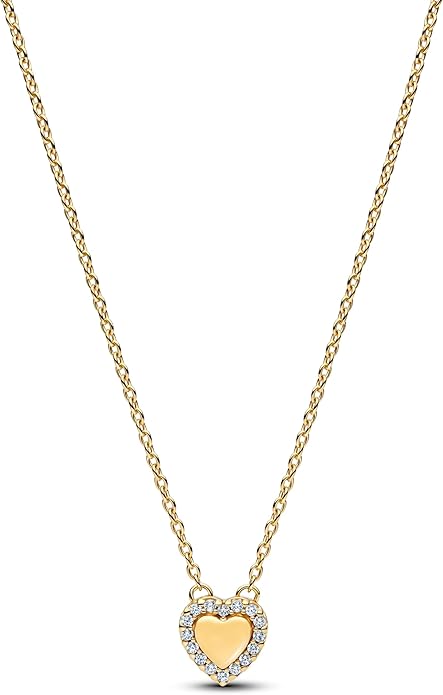 PANDORA Timeless Gravierbares Herz Strahlenkranz Collier-Halskette mit 14k vergoldeter Metalllegierung und Zirkonia, Größe: 45cm, 364364C01-45