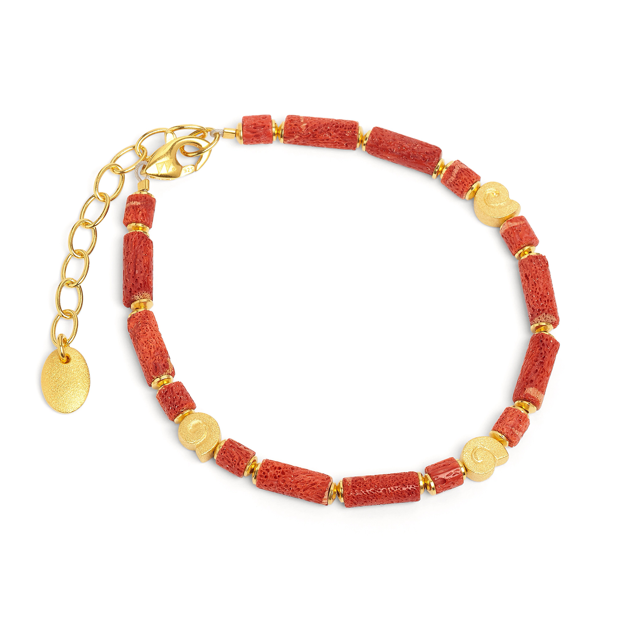 82173296  Marie Designlinie Koru  Armkette mit rot leuchtender Wurzelkoralle und 24 Karat Goldplatti