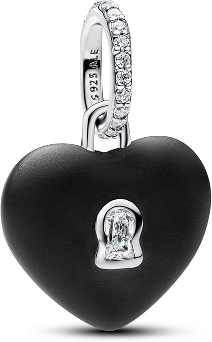 PANDORA Moments Mattschwarzes Keramik Herzschloss Charm-Anhänger aus Sterling Silber mit Zirkonia, Kompatibel Me und Moments, 794424C02