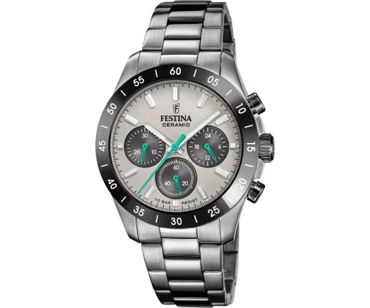 FESTINA Chrono Edelstahlband und Gehäuse mit schwarzer Keramik-Lünette, Oberfläche schwarz matt/poliert F20703/1