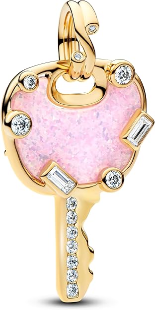 PANDORA Moments Schillernder rosafarbener Liebesschlüssel Großer Charm-Anhänger mit 14k vergoldete Metalllegierung und Zirkonia, Kompatibel ME und Moments, 764349C01