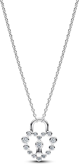 PANDORA Moments Funkelndes Herz Vorhängeschloss Anhänger-Halskette aus Sterling Silber mit Zirkonia, Größe: 50cm, 394416C01-50