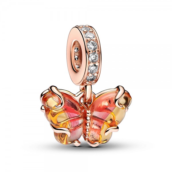 Pandora Rosafarbener &amp; Gelber Murano-Glas Schmetterling Charm-Anhänger 78269801