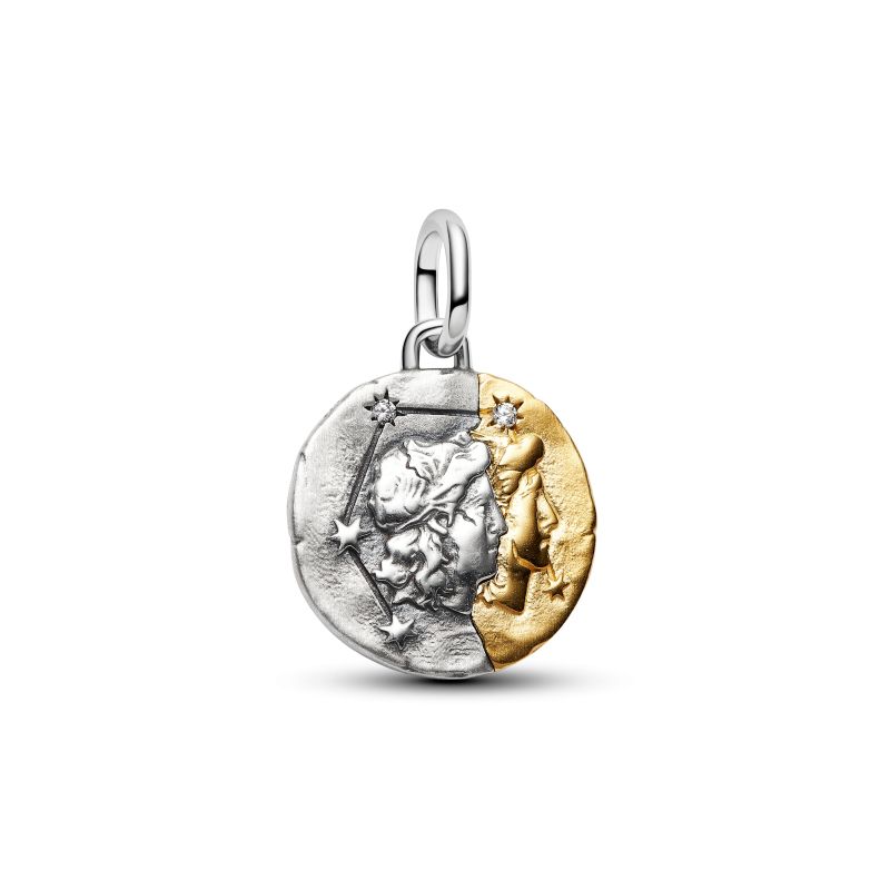 PANDORA Sternzeichen Zwillinge Medaillon-Charm aus Sterling-Silber und 14 Karat vergoldet mit Zirkonia – 764989C01
