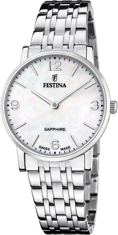 FESTINA Swiss Made Damenuhr Perlmutt Silber mit Saphirglas - F20047/2