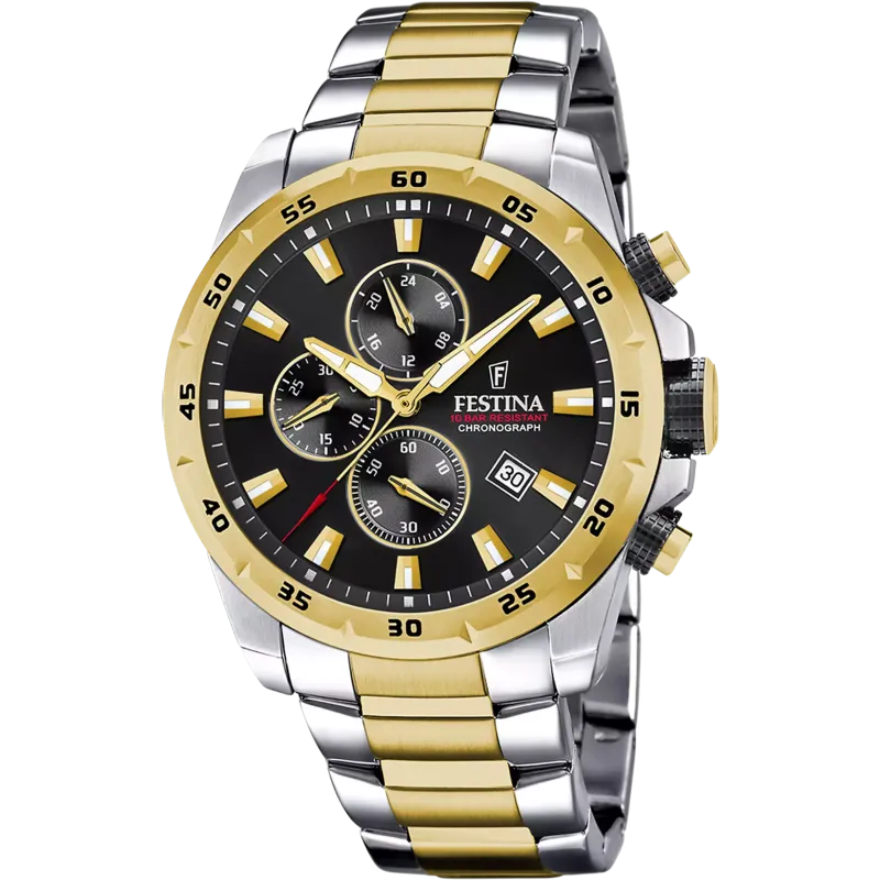 FESTINA Chrono Sport Herrenuhr Schwarz Gold mit Edelstahlarmband - F20562/4