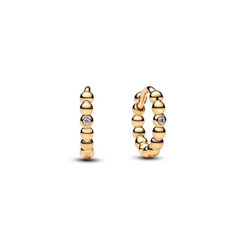 PANDORA Beaded Huggie Creolen 14 Karat vergoldet mit Zirkonia – 264823C01