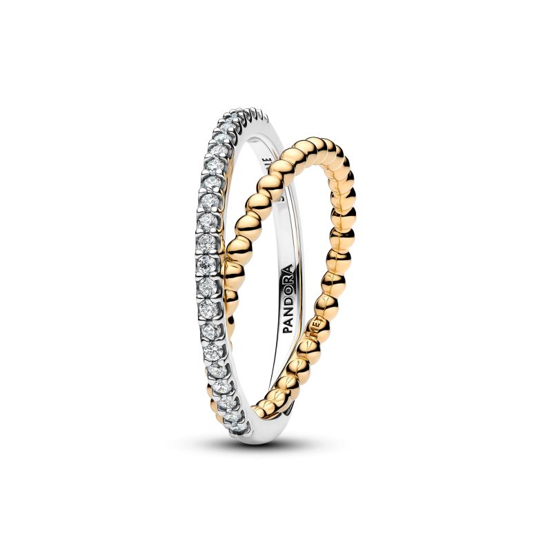 PANDORA Stapelbarer Crossover-Ring mit Kugeln & Pavé aus Sterling-Silber und 14 Karat vergoldet – 164827C01-54