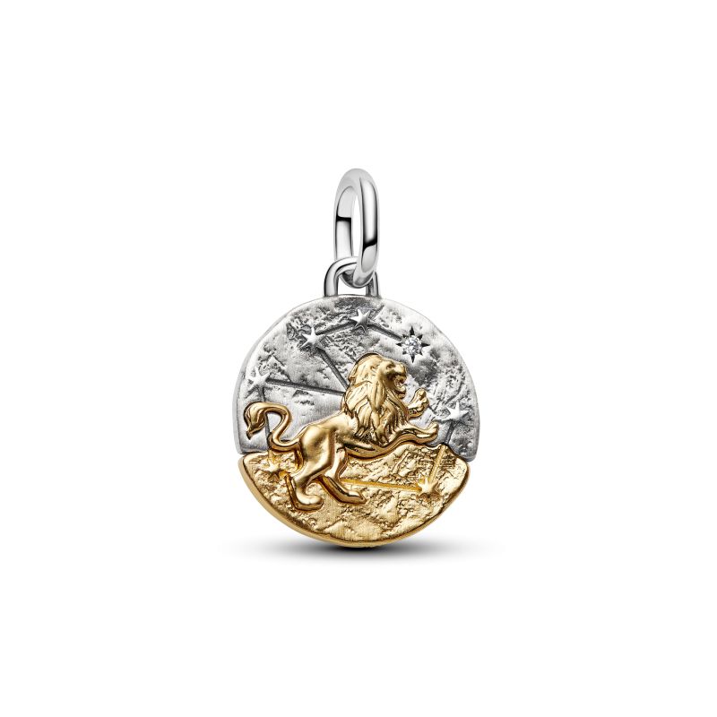 PANDORA Sternzeichen Löwe Medaillon-Charm aus Sterling-Silber und 14 Karat vergoldet mit Zirkonia – 764994C01