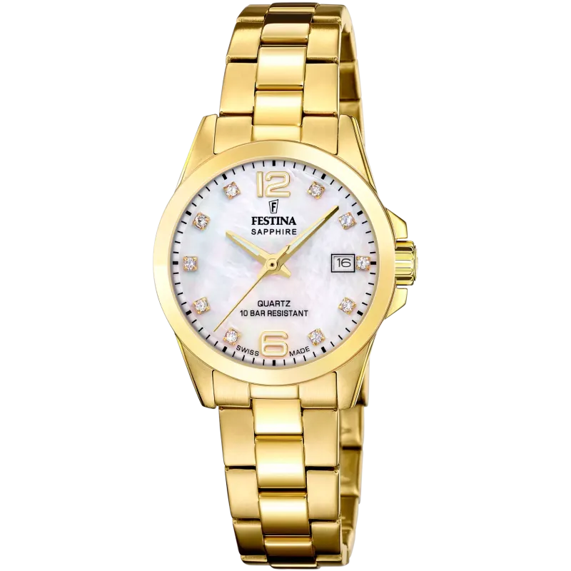 FESTINA Swiss Made Damenuhr Gold mit Perlmutt und Zirkonia - F20050/1