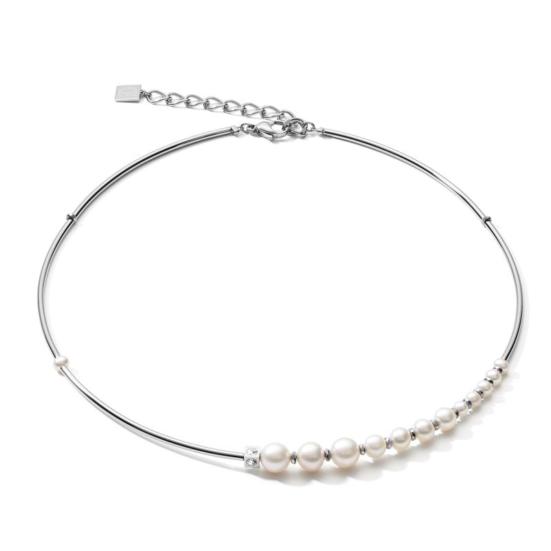 COEUR DE LION Asymmetrie Süßwasserperlen Halskette Weiß-Silber - 1102/10-1417