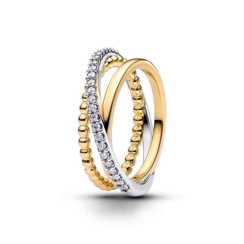 PANDORA Stapelbarer Crossover-Ring mit Kugeln & Pavé aus Sterling-Silber und 14 Karat vergoldet – 164826C01